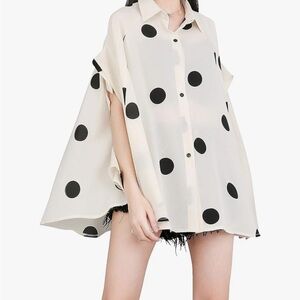 Oversized Button-Down Shirt with Black Polka Dots